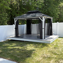 PURPLE LEAF Modern Gazebo Grey Hardtop Galvanized Steel Double Roof White Aluminum Poles with Curtains and Netting with Lights-milky