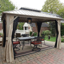 PURPLE LEAF Deck Gazebo Champagne Hardtop Metal Frame Double Roof with Curtains and Netting with Lights-milky