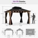 PURPLE LEAF Metal Gazebo Double Roof Wood Grain Aluminum Frame with Curtains and Netting with Lights-clear