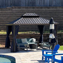 PURPLE LEAF Outdoor Hardtop Gazebo for Patio Bronze Aluminum Frame Pavilion with Navy-Blue Curtain and String Lights-milky