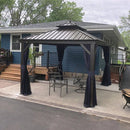 PURPLE LEAF Outdoor Hardtop Gazebo for Patio Bronze Aluminum Frame Pavilion with Navy-Blue Curtain and Reinforced Support Rods