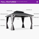 PURPLE LEAF Modern Gazebo Grey Hardtop Galvanized Steel Double Roof White Aluminum Poles with Curtains and Netting with Lights-clear
