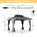 PURPLE LEAF Modern Gazebo Grey Hardtop Galvanized Steel Double Roof White Aluminum Poles with Curtains and Netting with Lights-clear