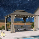 PURPLE LEAF Deck Gazebo Champagne Hardtop Metal Frame Double Roof with Curtains and Netting with Lights-clear