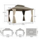 PURPLE LEAF Deck Gazebo Champagne Hardtop Metal Frame Double Roof with Curtains and Netting