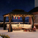 PURPLE LEAF Metal Gazebo Double Roof Wood Grain Aluminum Frame with Curtains and Netting with Lights-milky