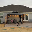PURPLE LEAF Outdoor Hardtop Gazebo for Garden Bronze Double Roof Aluminum Frame Pavilion with String Lights-milky
