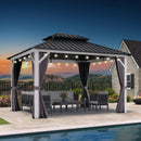 PURPLE LEAF Modern Gazebo Grey Hardtop Galvanized Steel Double Roof White Aluminum Poles with Curtains and Netting with Lights-milky