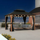 PURPLE LEAF Metal Gazebo Double Roof Wood Grain Aluminum Frame with Curtains and Netting with Lights-clear