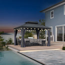 PURPLE LEAF Outdoor Hardtop Gazebo for Patio Grey Aluminum Frame Pavilion with Navy-Blue Curtain and String Lights