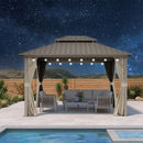 PURPLE LEAF Deck Gazebo Champagne Hardtop Metal Frame Double Roof with Curtains and Netting with Lights-milky