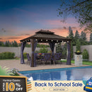 PURPLE LEAF Outdoor Hardtop Gazebo for Patio Bronze Aluminum Frame Pavilion with Navy-Blue Curtain and String Lights-milky