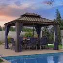 PURPLE LEAF Outdoor Hardtop Gazebo for Patio Bronze Aluminum Frame Pavilion with Navy-Blue Curtain and Reinforced Support Rods