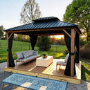 PURPLE LEAF Metal Gazebo Double Roof Wood Grain Aluminum Frame with Curtains and Netting