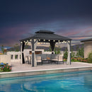 PURPLE LEAF Outdoor Hardtop Gazebo for Patio Grey Aluminum Frame Pavilion with Khaki curtains and String Lights