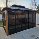 PURPLE LEAF Sunroom Hardtop Gazebo with Wood Grain Columns Black Frame Double Roof Galvanized Steel Solarium All-Weather Screen House