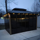 PURPLE LEAF Sunroom Hardtop Gazebo with Wood Grain Columns Black Frame Double Roof Galvanized Steel Solarium All-Weather Screen House with String Lights