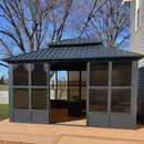 PURPLE LEAF Sunroom Hardtop Gazebo Solarium Grey Galvanized Steel Double Roof  All-Weather Aluminum Outdoor Screen House with String Lights