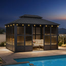 PURPLE LEAF Sunroom Hardtop Gazebo Solarium Grey Galvanized Steel Double Roof  All-Weather Aluminum Outdoor Screen House with String Lights