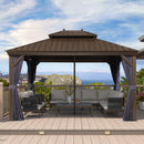 PURPLE LEAF Outdoor Hardtop Gazebo for Patio Bronze Aluminum Frame Pavilion with Navy-Blue Curtain and Reinforced Support Rods