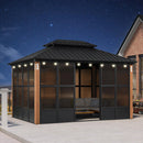 PURPLE LEAF Sunroom Hardtop Gazebo with Wood Grain Columns Black Frame Double Roof Galvanized Steel Solarium All-Weather Screen House with String Lights