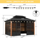 PURPLE LEAF Sunroom Hardtop Gazebo with Wood Grain Columns Black Frame Double Roof Galvanized Steel Solarium All-Weather Screen House with String Lights