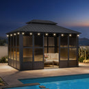 PURPLE LEAF Sunroom Hardtop Gazebo Solarium Grey Galvanized Steel Double Roof  All-Weather Aluminum Outdoor Screen House with String Lights