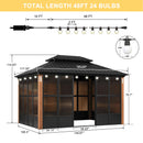 PURPLE LEAF Sunroom Hardtop Gazebo with Wood Grain Columns Black Frame Double Roof Galvanized Steel Solarium All-Weather Screen House with String Lights
