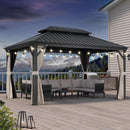 PURPLE LEAF Outdoor Hardtop Gazebo for Patio Grey Aluminum Frame Pavilion with Khaki curtains and String Lights