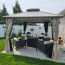 PURPLE LEAF Deck Gazebo Champagne Hardtop Metal Frame Double Roof with Curtains and Netting
