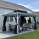 PURPLE LEAF Modern Gazebo Grey Hardtop Galvanized Steel Double Roof White Aluminum Poles with Curtains and Netting with Lights-milky