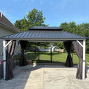 PURPLE LEAF Modern Gazebo Grey Hardtop Galvanized Steel Double Roof White Aluminum Poles with Curtains and Netting