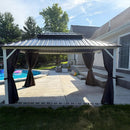 PURPLE LEAF Modern Gazebo Grey Hardtop Galvanized Steel Double Roof White Aluminum Poles with Curtains and Netting with Lights-milky