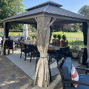 PURPLE LEAF Deck Gazebo Champagne Hardtop Metal Frame Double Roof with Curtains and Netting