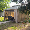 PURPLE LEAF Deck Gazebo Champagne Hardtop Metal Frame Double Roof with Curtains and Netting with Lights-milky