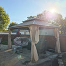 PURPLE LEAF Deck Gazebo Champagne Hardtop Metal Frame Double Roof with Curtains and Netting