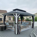 PURPLE LEAF Modern Gazebo Grey Hardtop Galvanized Steel Double Roof White Aluminum Poles with Curtains and Netting
