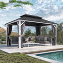 PURPLE LEAF Modern Gazebo Grey Hardtop Galvanized Steel Double Roof White Aluminum Poles with Curtains and Netting with Lights-milky