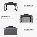 PURPLE LEAF Modern Gazebo Grey Hardtop Galvanized Steel Double Roof White Aluminum Poles with Curtains and Netting with Lights-milky