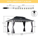PURPLE LEAF Modern Gazebo Grey Hardtop Galvanized Steel Double Roof White Aluminum Poles with Curtains and Netting with Lights-clear