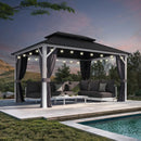 PURPLE LEAF Modern Gazebo Grey Hardtop Galvanized Steel Double Roof White Aluminum Poles with Curtains and Netting with Lights-milky