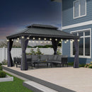 PURPLE LEAF Outdoor Hardtop Gazebo for Patio Grey Aluminum Frame Pavilion with Navy-Blue Curtain and String Lights