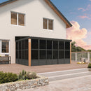 PURPLE LEAF Wall Mounted Sunroom Galvanized Steel Sloped Roof Lean-to Enclosed Aluminum Grey Frame Wood Grain Columns for Outdoor Home Extension