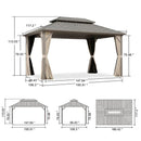 PURPLE LEAF Deck Gazebo Champagne Hardtop Metal Frame Double Roof with Curtains and Netting