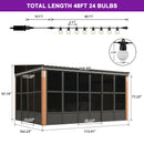 PURPLE LEAF Wall Mounted Sunroom Galvanized Steel Sloped Roof Lean-to Gazebo Aluminum Grey Frame Wood Grain Columns for Outdoor Home Extension with String Lights