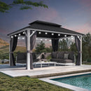 PURPLE LEAF Modern Gazebo Grey Hardtop Galvanized Steel Double Roof White Aluminum Poles with Curtains and Netting with Lights-milky