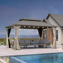 PURPLE LEAF Deck Gazebo Champagne Hardtop Metal Frame Double Roof with Curtains and Netting with Lights-clear