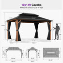 PURPLE LEAF Metal Gazebo Double Roof Wood Grain Aluminum Frame with Curtains and Netting