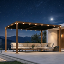 PURPLE LEAF Caesar Louvered Pergola with Yellow Lights Wood Grain Frame Gray Roof Aluminum Pergola with Adjustable Roof  Hardtop Gazebo for Outdoor Deck Garden Yard