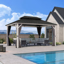 PURPLE LEAF Modern Gazebo Grey Hardtop Galvanized Steel Double Roof White Aluminum Poles with Curtains and Netting